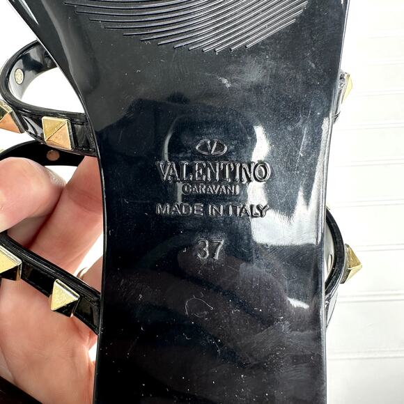 Valentino Rockstud Black Jelly Sandal T Strap Thong Slide Shiny Slide PVC 37 - Picture 3 of 7